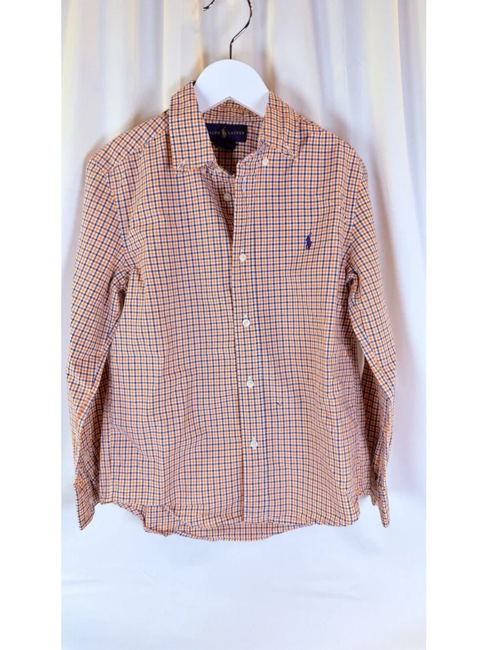 RALPH LAUREN Orange Blue Plaid Cotton Button Down Logo Shirt. Boys 7 Preppy